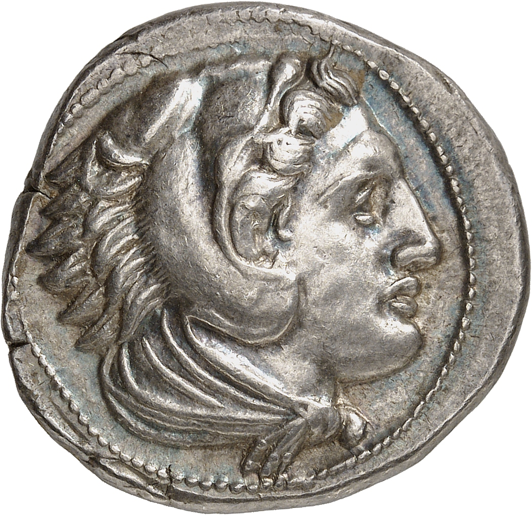 PRICE 83 Alexander III obverse, Head of beardless Heracles right wearing lion skin headdress