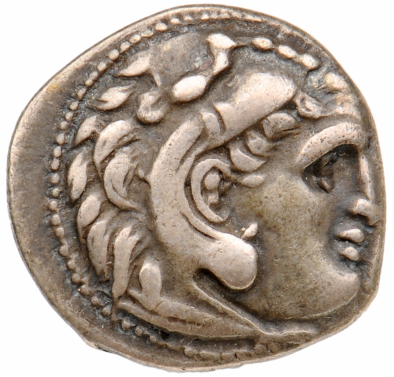 PRICE L27 Lysimachus obverse, Head of beardless Heracles right wearing lion skin headdress