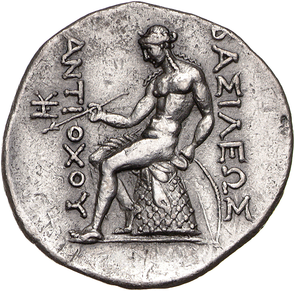 HOUGHTON Seleucid Coins (part 1) 1042.1 Antiochus III reverse, Apollo seated left on omphalos, testing arrow and resting l...