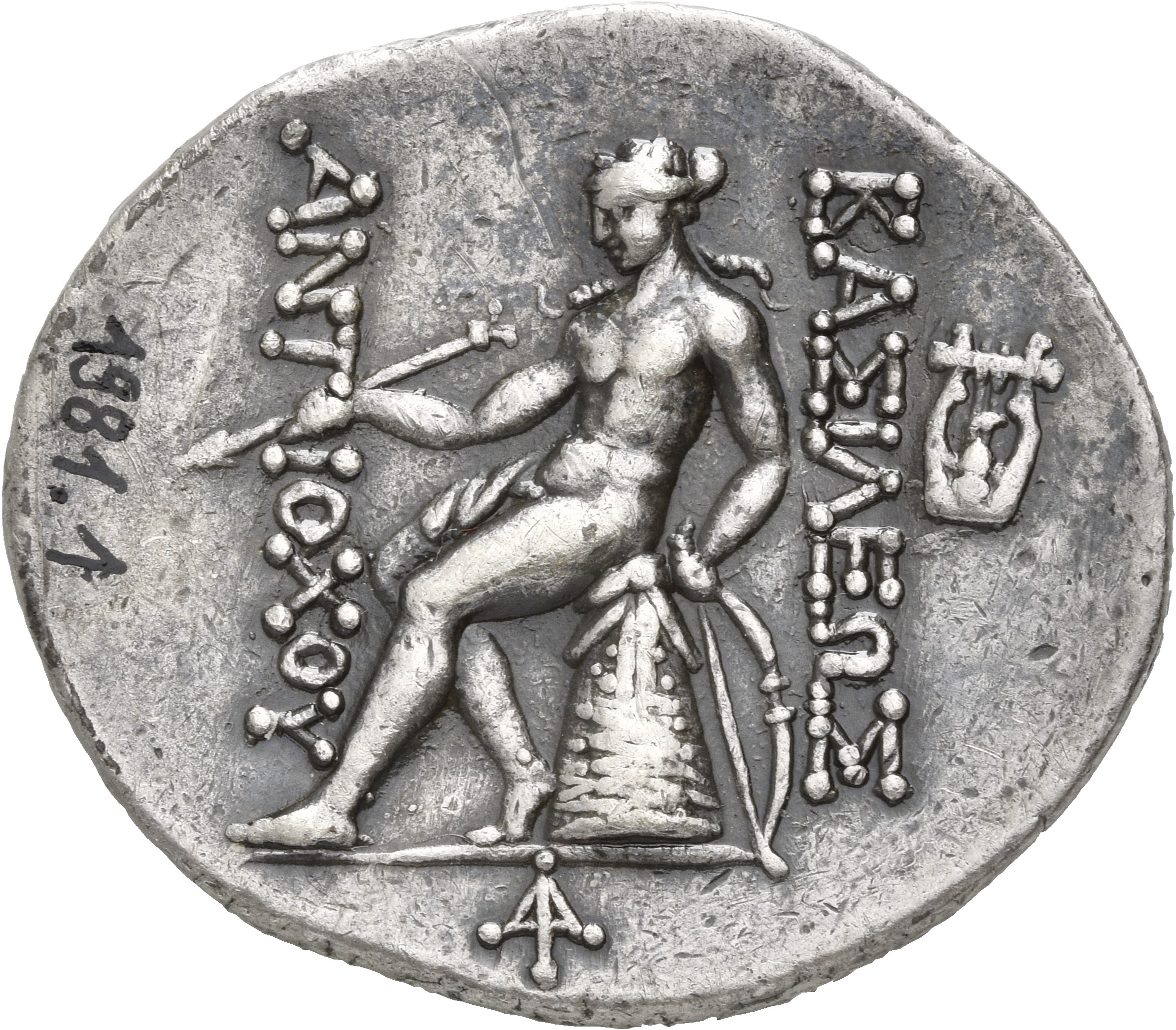 HOUGHTON Seleucid Coins (part 2) 1395.2a Antiochus IV reverse, Apollo seated left on omphalos, testing arrow and resting l...