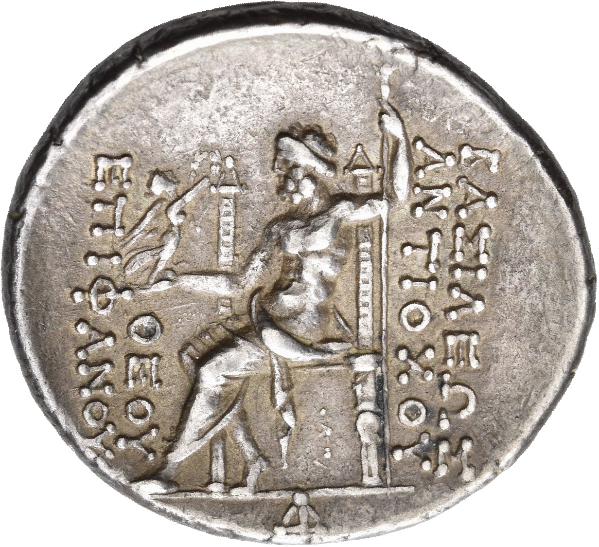 HOUGHTON Seleucid Coins (part 2) 1396a Antiochus IV reverse, Zeus seated on high-backed throne left, holding Nike on outst...