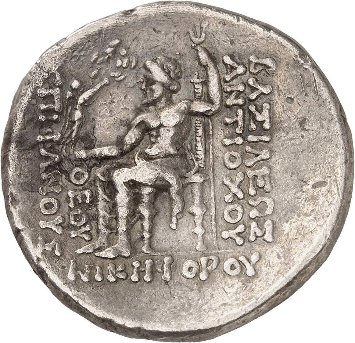 HOUGHTON Seleucid Coins (part 2) 1398 Antiochus IV reverse, Zeus seated on high-backed throne left, holding Nike on outstr...