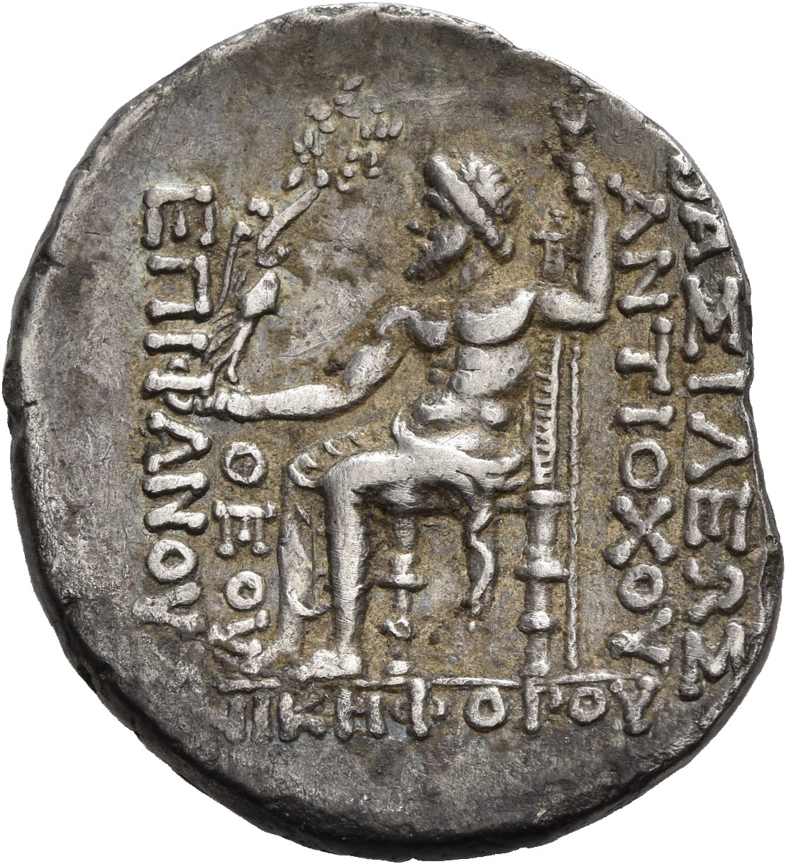 HOUGHTON Seleucid Coins (part 2) 1398 Antiochus IV reverse, Zeus seated on high-backed throne left, holding Nike on outstr...