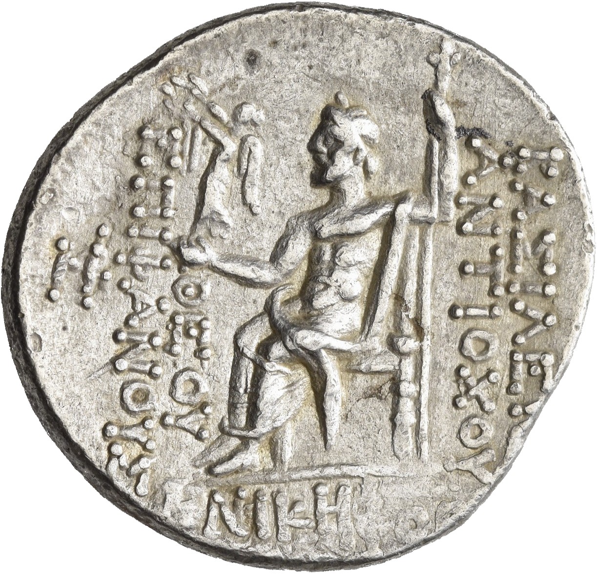 HOUGHTON Seleucid Coins (part 2) 1400ii Antiochus IV reverse, Zeus seated on high-backed throne left, holding Nike on outs...