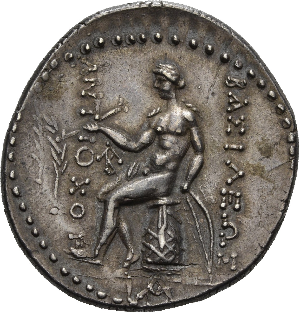 HOUGHTON Seleucid Coins (part 2) 1473a Antiochus IV reverse, Apollo seated left on omphalos, testing arrow and resting lef...