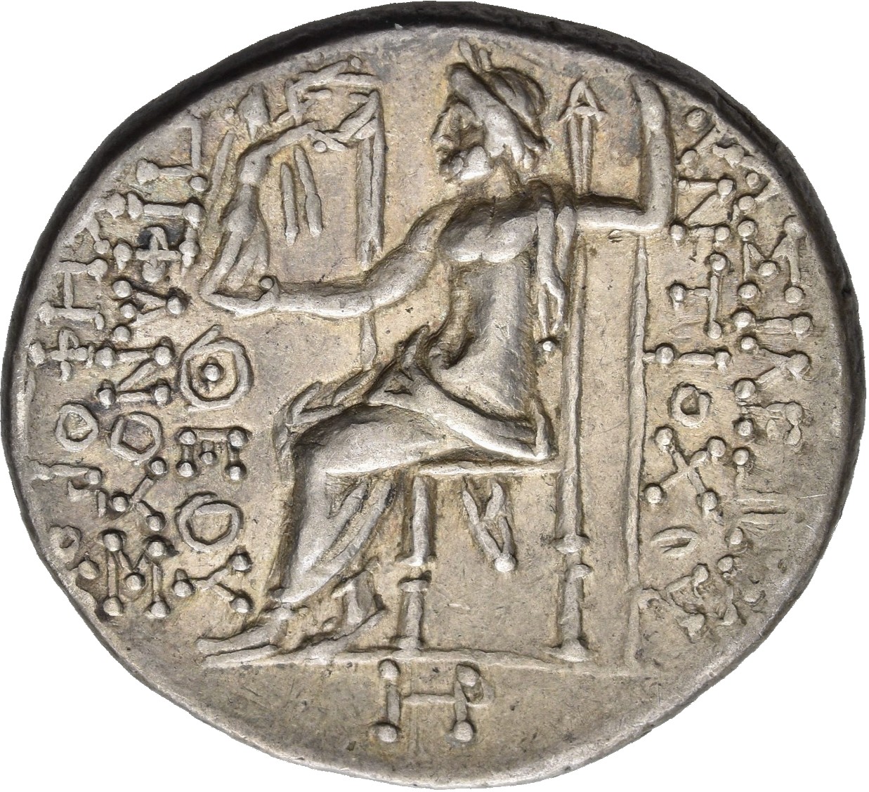 HOUGHTON Seleucid Coins (part 2) 1476.1a Antiochus IV reverse, Zeus seated on high-backed throne left, holding Nike on out...
