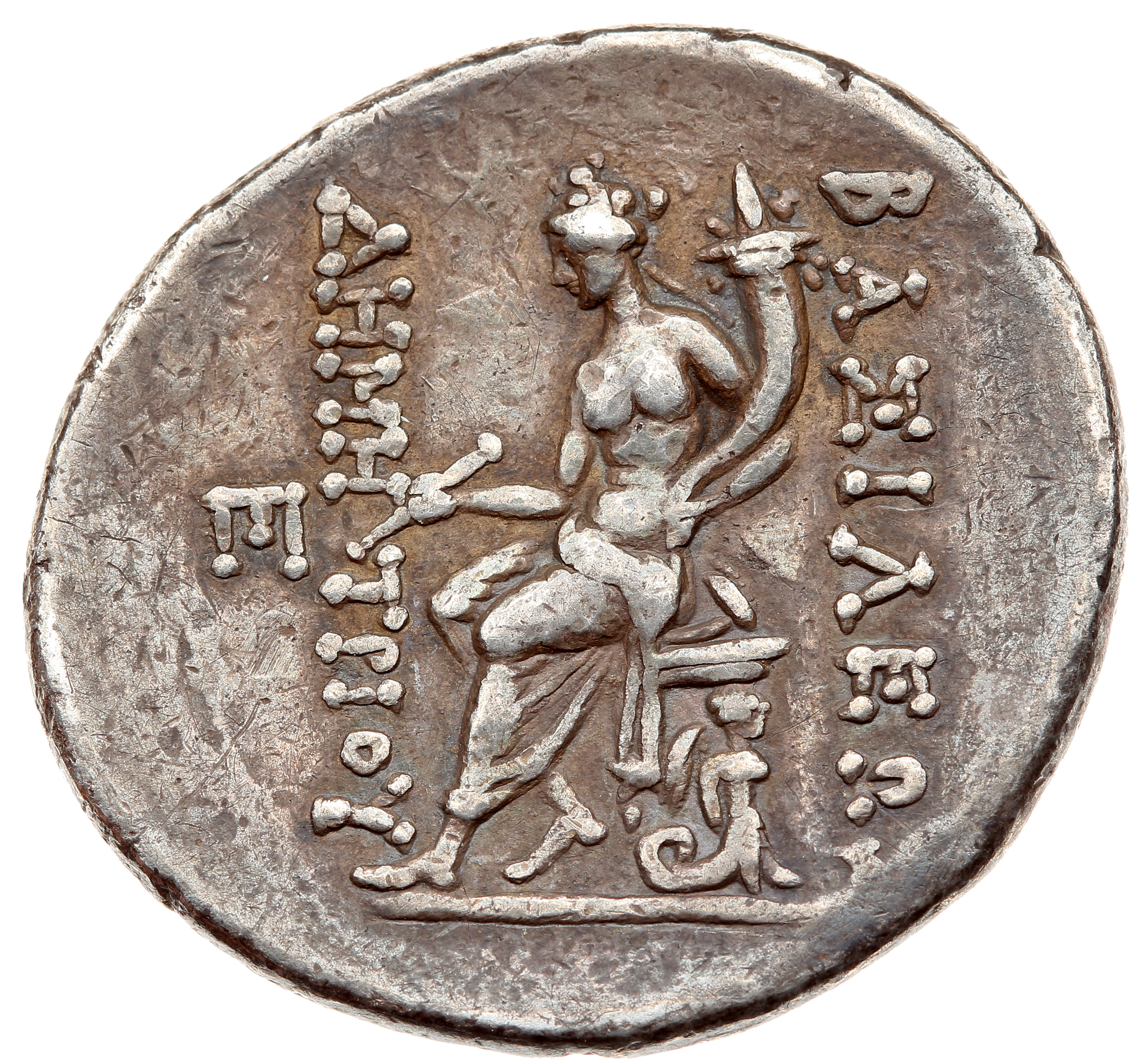 HOUGHTON Seleucid Coins (part 2) 1635 Demetrius I Soter reverse, Tyche, nude to waist, seated left on backless throne with...