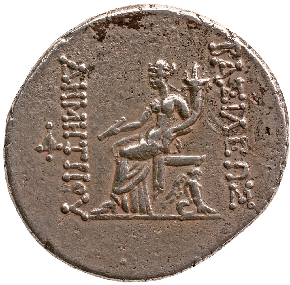 HOUGHTON Seleucid Coins (part 2) 1637c Demetrius I Soter reverse, Tyche seated left on backless throne with winged tritone...