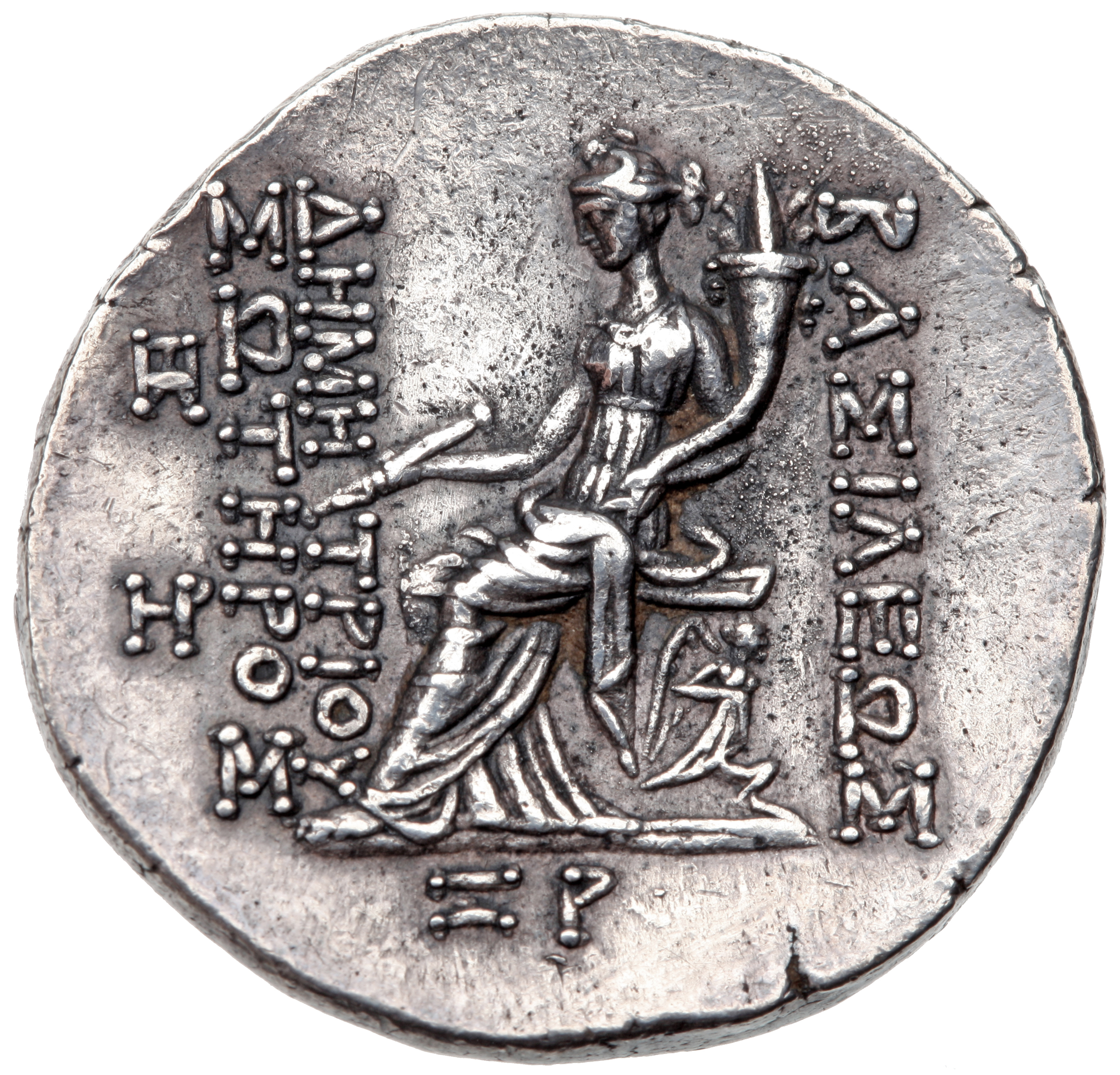 HOUGHTON Seleucid Coins (part 2) 1641.4 Demetrius I Soter reverse, Tyche seated left on backless throne with winged triton...