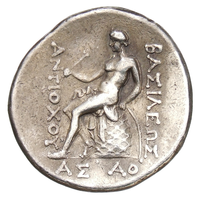 HOUGHTON Seleucid Coins (part 1) 325b Antiochus I reverse, Apollo wearing sandals, seated left on omphalos, holding single...