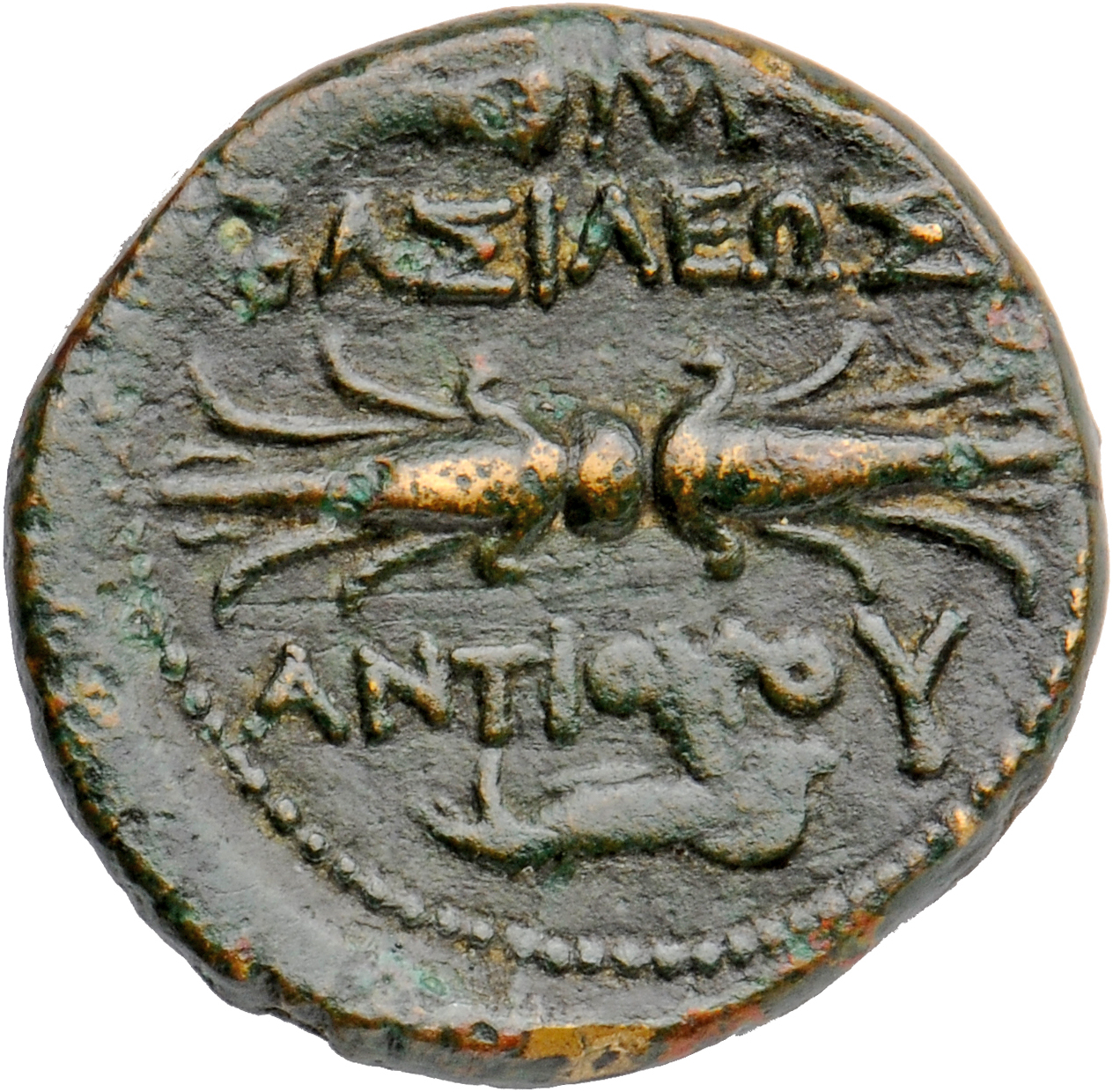 HOUGHTON Seleucid Coins (part 1) 343 Antiochus I reverse, Blitzbündel, darüber eine Keule und ein Monogramm aus Θ, Μ und Ε...