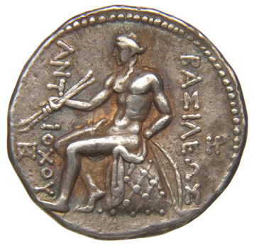 HOUGHTON Seleucid Coins (part 1) 378.3 Antiochus I reverse, Apollo seated left on omphalos, testing two arrows and resting...