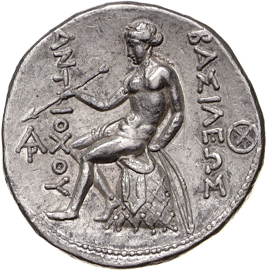 HOUGHTON Seleucid Coins (part 1) 379.3c Antiochus I reverse, Apollo seated left on omphalos, testing arrow and resting lef...