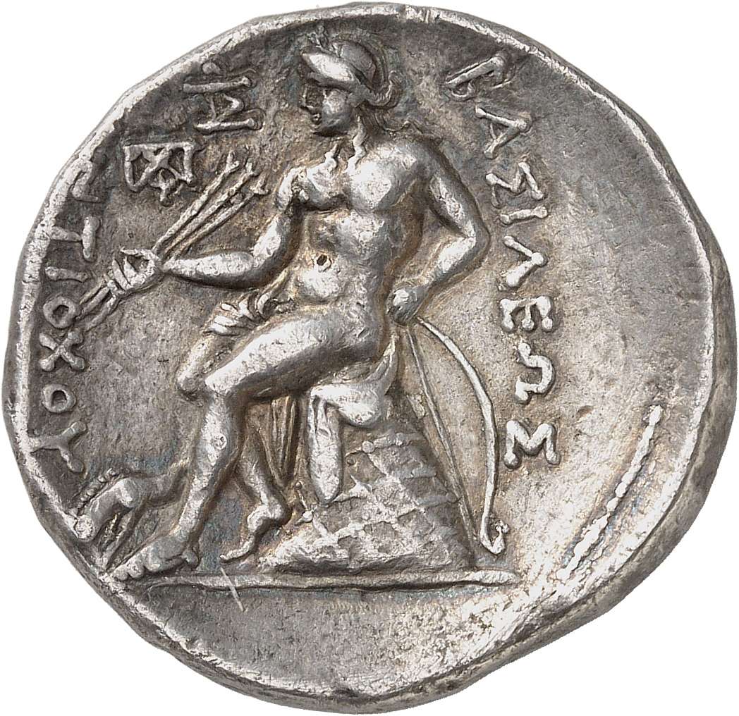 HOUGHTON Seleucid Coins (part 1) 409.1b Antiochus I reverse, Apollo seated left on omphalos, holding three arrows and rest...